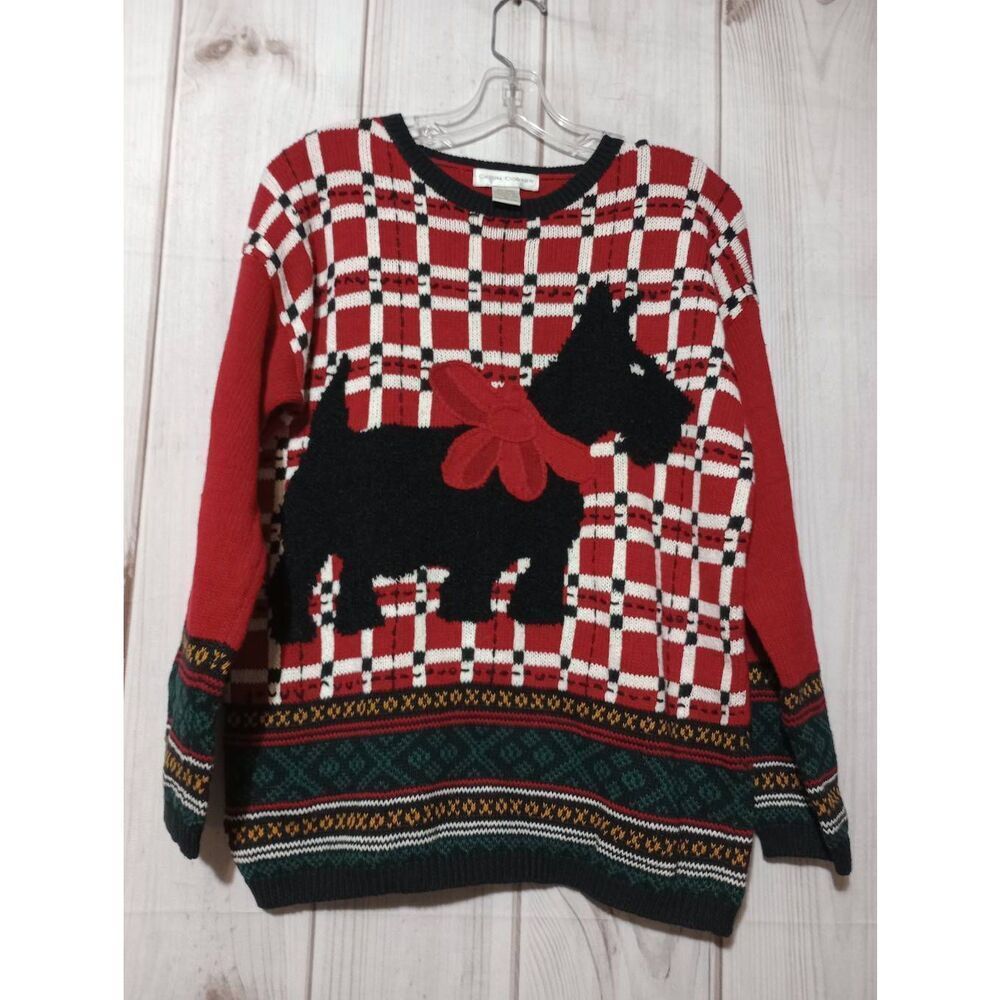 Casual Corner Sweater Ladies Medium Scottish Terrier Red Crew Neck Thick